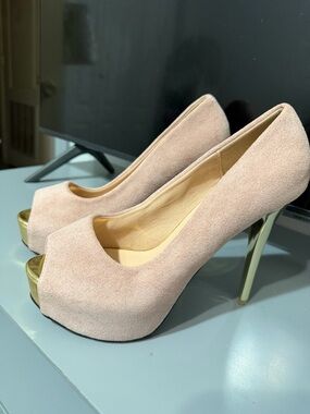 Peep-Toe Suede Platform Pumps in Blush with Gold Heel